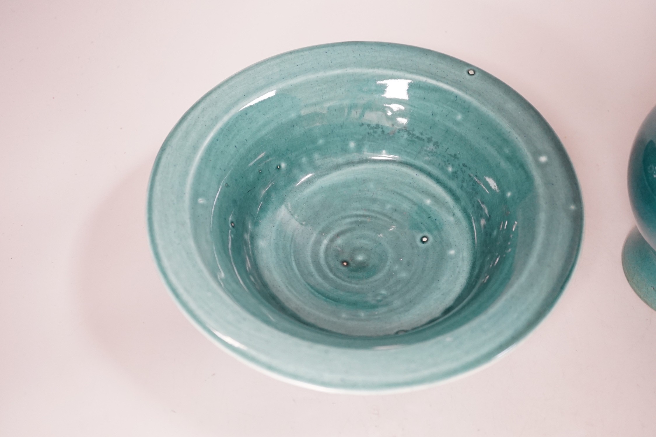 A Chinese turquoise-glazed vase and bowl. Tallest 20.5cm